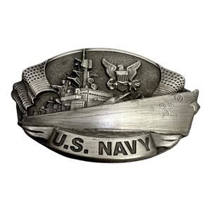 Vintage US NAVY Military Ship 1981 Bergamot Pewter Enamel Belt Buckle Vintage